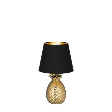 Pineapple Lampada Da Tavolo Ceramica Ananas Oro Con Paralume Nero E Oro H.35Cm Trio Oro