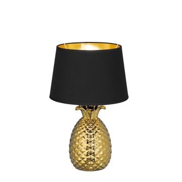 Pineapple Lampada Da Tavolo Ceramica Grande Ananas Oro Con Paralume Nero E Oro H.45Cm Trio Oro